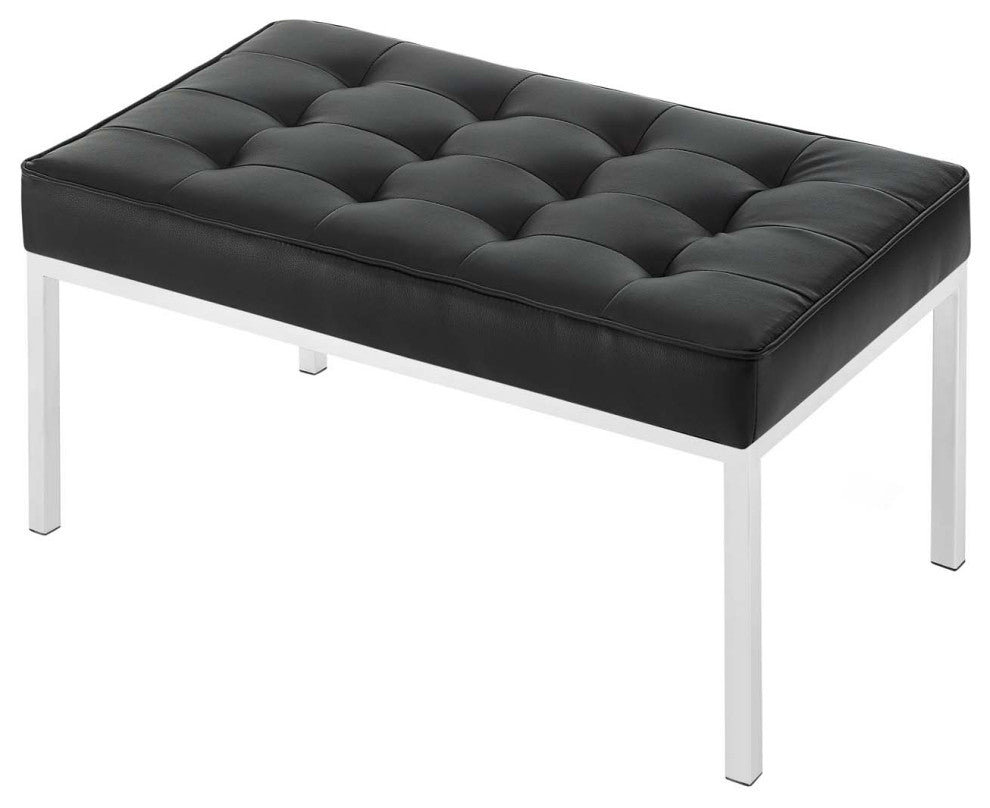 Lounge Accent Chair Bench, Faux Vinyl Leather Metal Steel, Black Silver