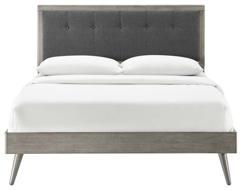 Platform Bed Frame, Queen Size, Fabric, Wood, Gray, Modern Mid-Century