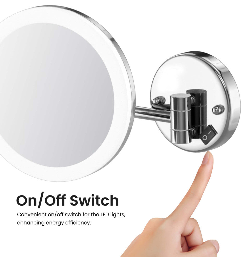 Circular LED Wall Mount One Side 5x Magnifying Make Up Mirror, Chrome