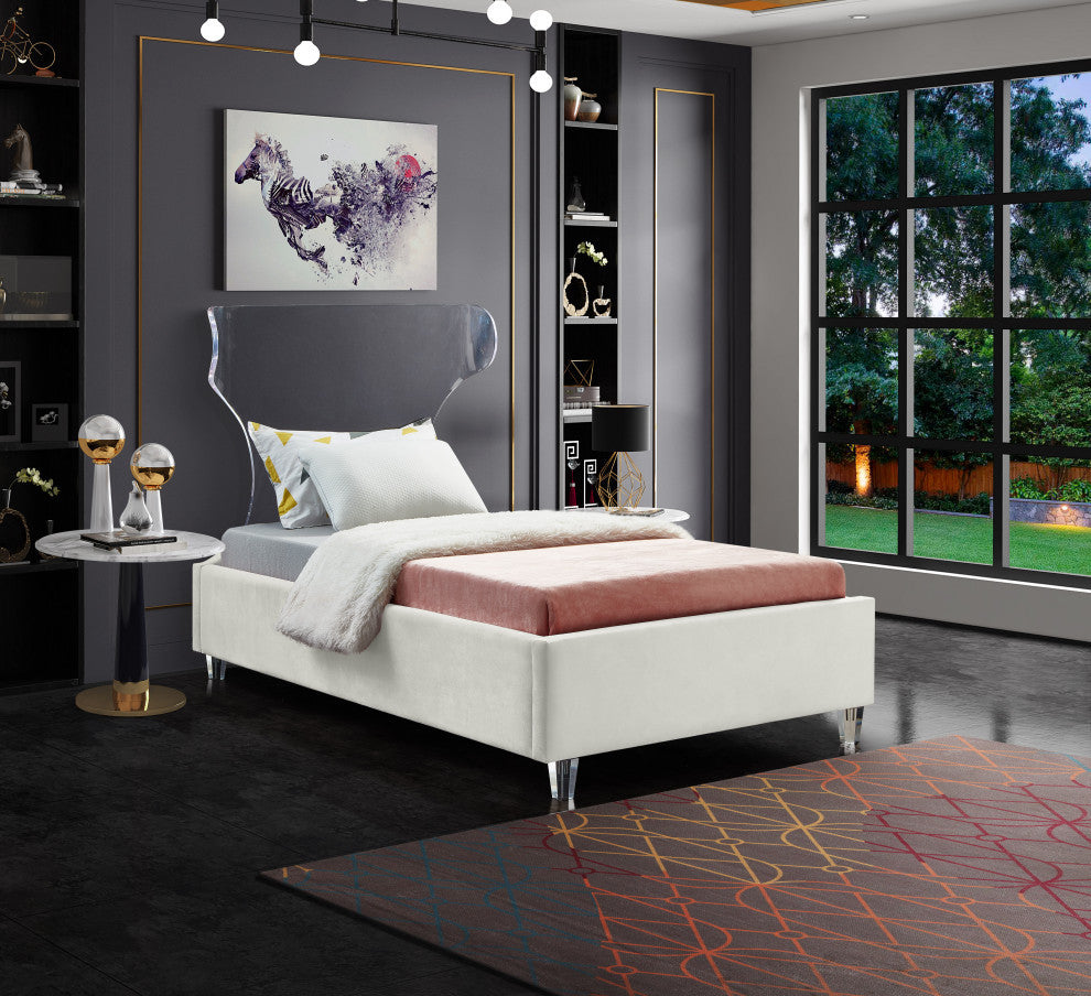 Ghost Velvet Upholstered Bed, Cream, Twin
