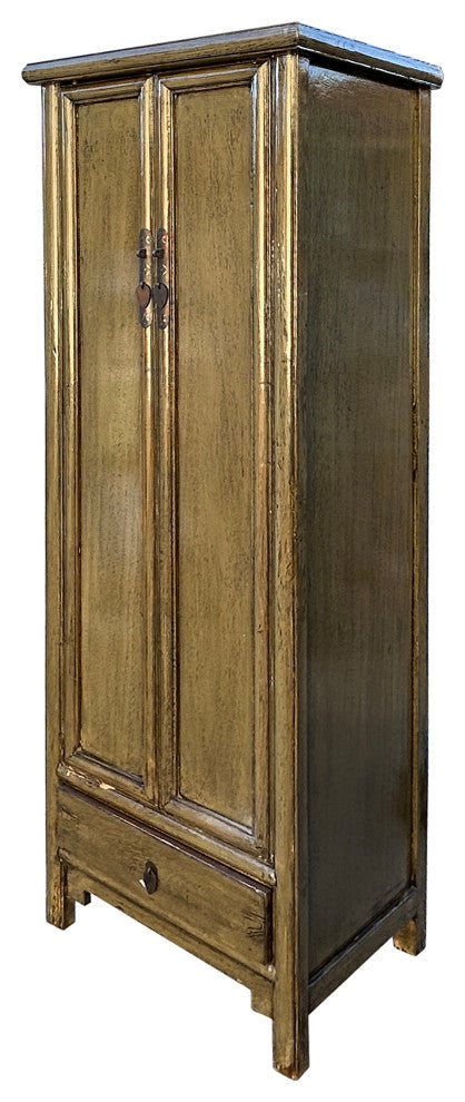 Oriental Distressed Mid Olive Green Tall Narrow Noodle Cabinet Armoire Hws4367