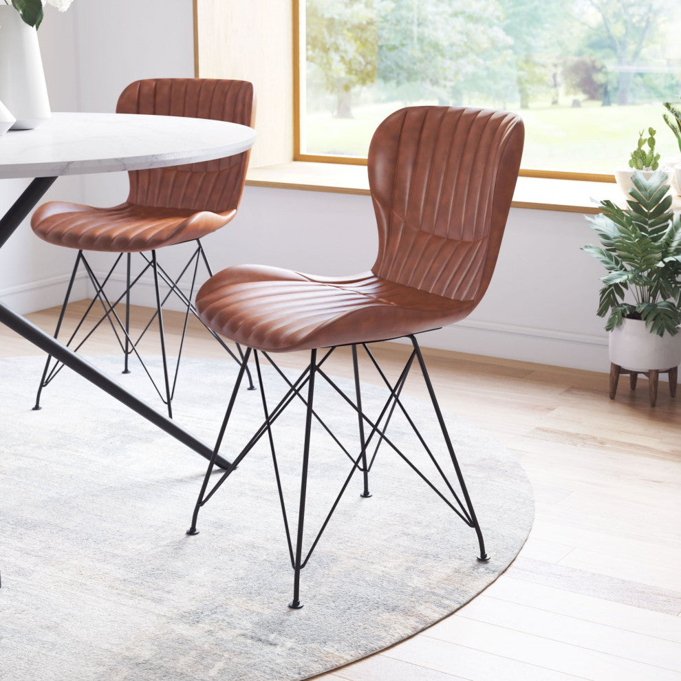 Dining Chair, Set of 2, Faux Vinyl Leather, Steel, Vintage Brown, Black, Cafe