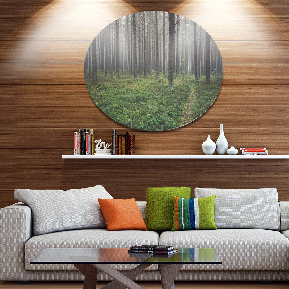 Foggy Dense Forest With Grass, Modern Forest Disc Metal Wall Art, 36"