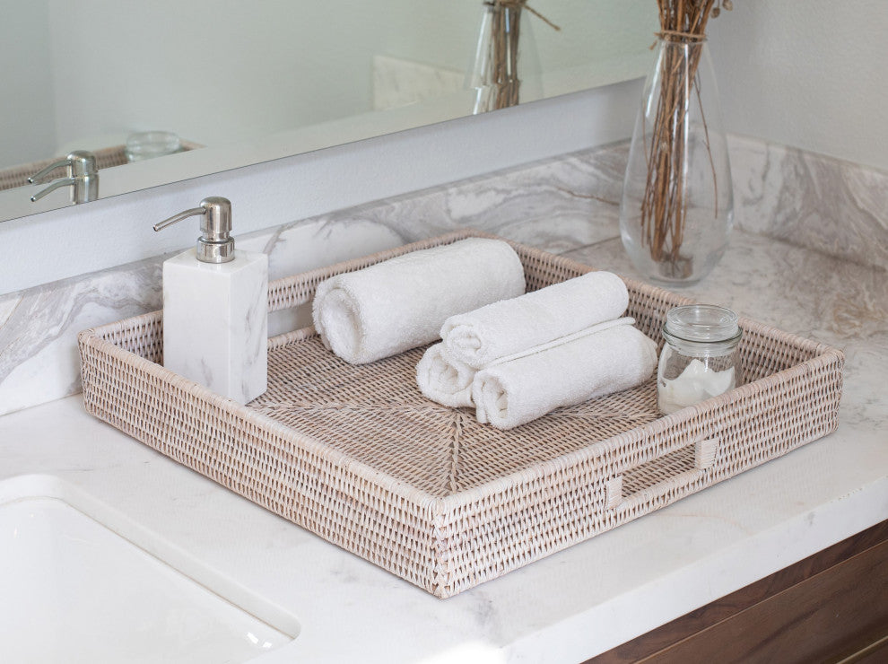 Artifacts Rattan™ Square Ottoman Tray with Cutout Handles, White Wash, 18"x18"