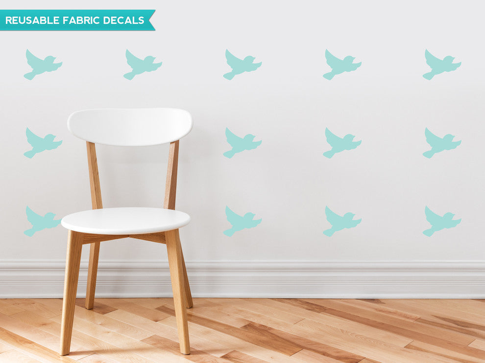Birds Fabric Wall Decals, Set of 16 Birds, Aqua