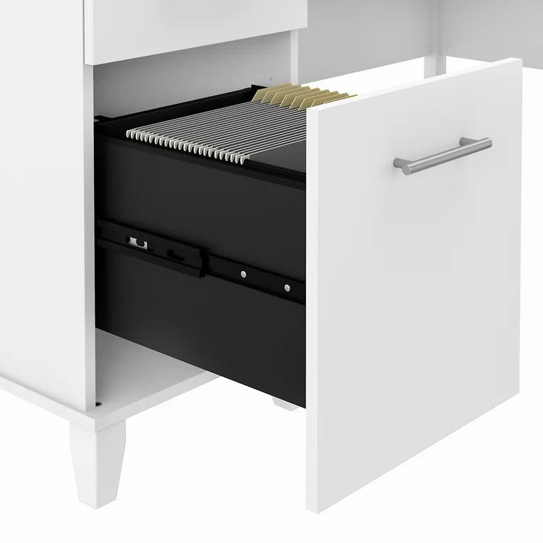 Transitional Desk, L-Shaped Design With Pull Keyboard Tray & Grommet, White