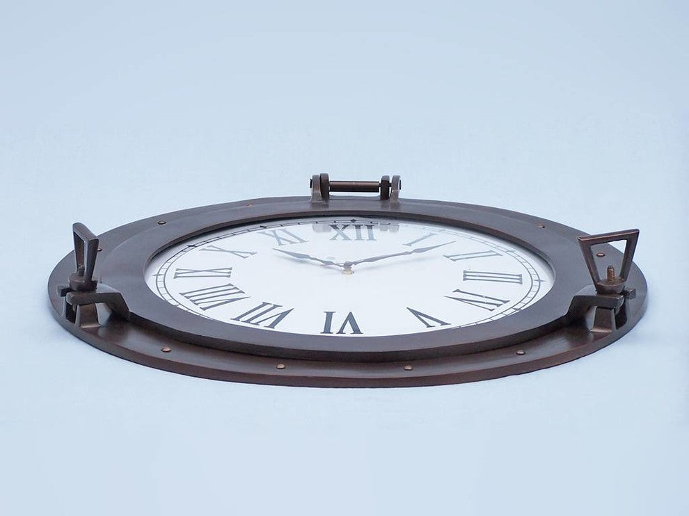Bronzed Deluxe Class Porthole Clock 24'', Nautical Wall Clock, Beach Decor