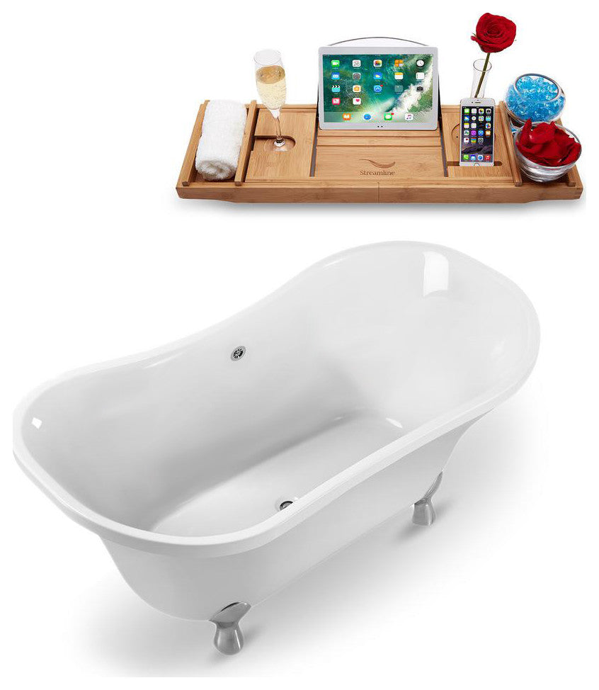 60" White Clawfoot Tub and Tray, Chrome Feet, Chrome External Drain