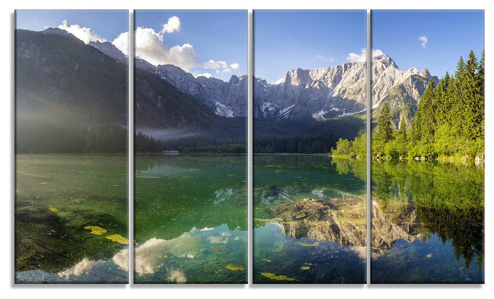 Green Mountain Lake in the Alps, Landscape Canvas Art Print, 48"x28", 4 Panels