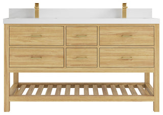 Parker Teak 60" Double Sink Vanity, Light Natural, 60" Double, 2" White Quartz