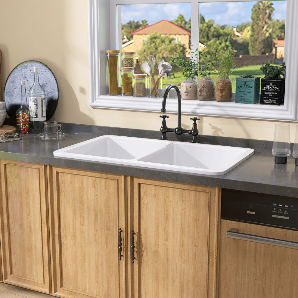 32"Lx19"W Drop-In Double Bowl Farmhouse Fireclay Kitchen Sink With Accessories