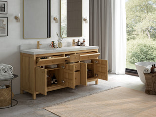 Sonoma 72 Double Sink Bath Vanity in Light Natural Teak with 2" Carrara Quartz