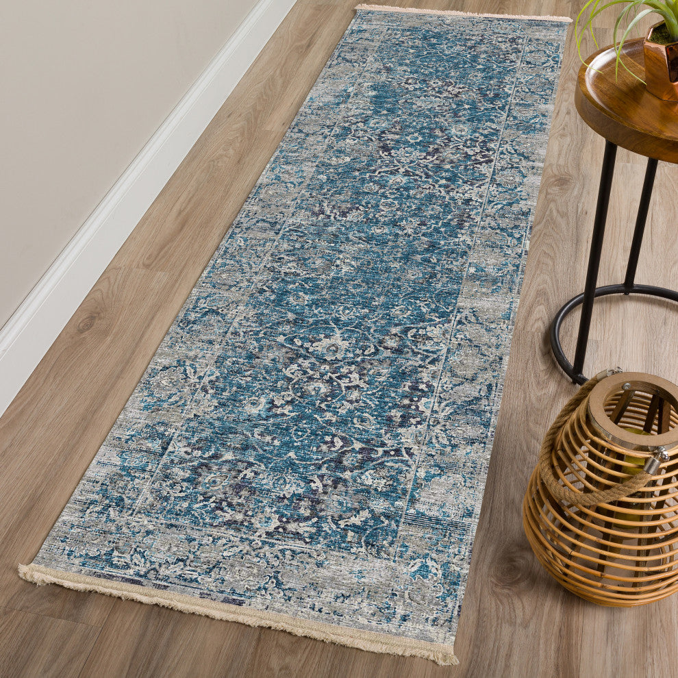 Indoor/Outdoor Marbella MB2 Navy Machine Washable 2'3" x 7'6" Runner Rug