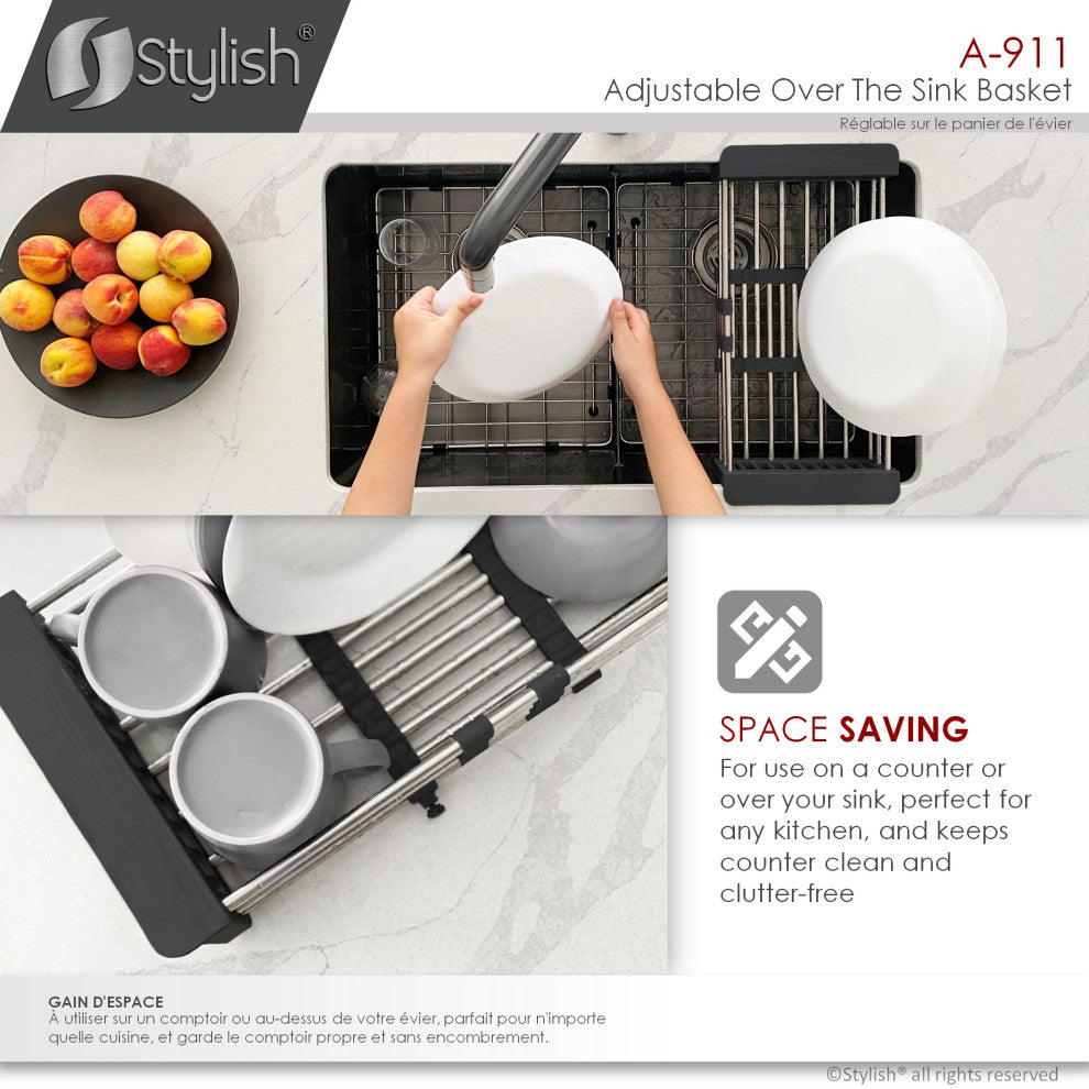 STYLISH Adjustable Over the Sink Stainless Steel Drainer Basket
