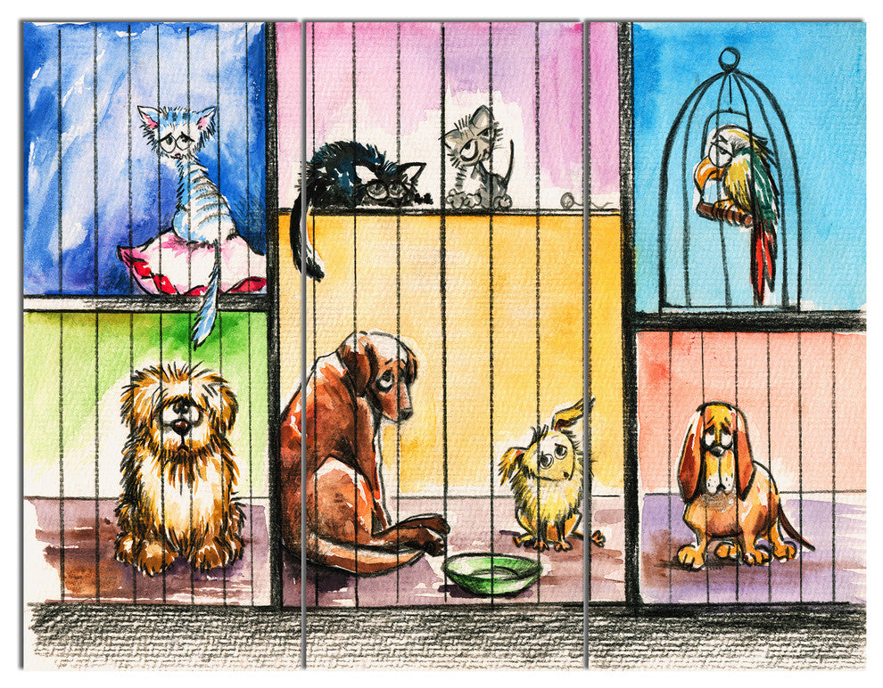 Sad Animals in the Pound, Abstract Triptych Canvas Art Print, 36x28, 3 Panels