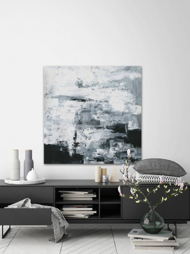 "Black and White Smudges" Painting Print on Wrapped Canvas, 24"x24"