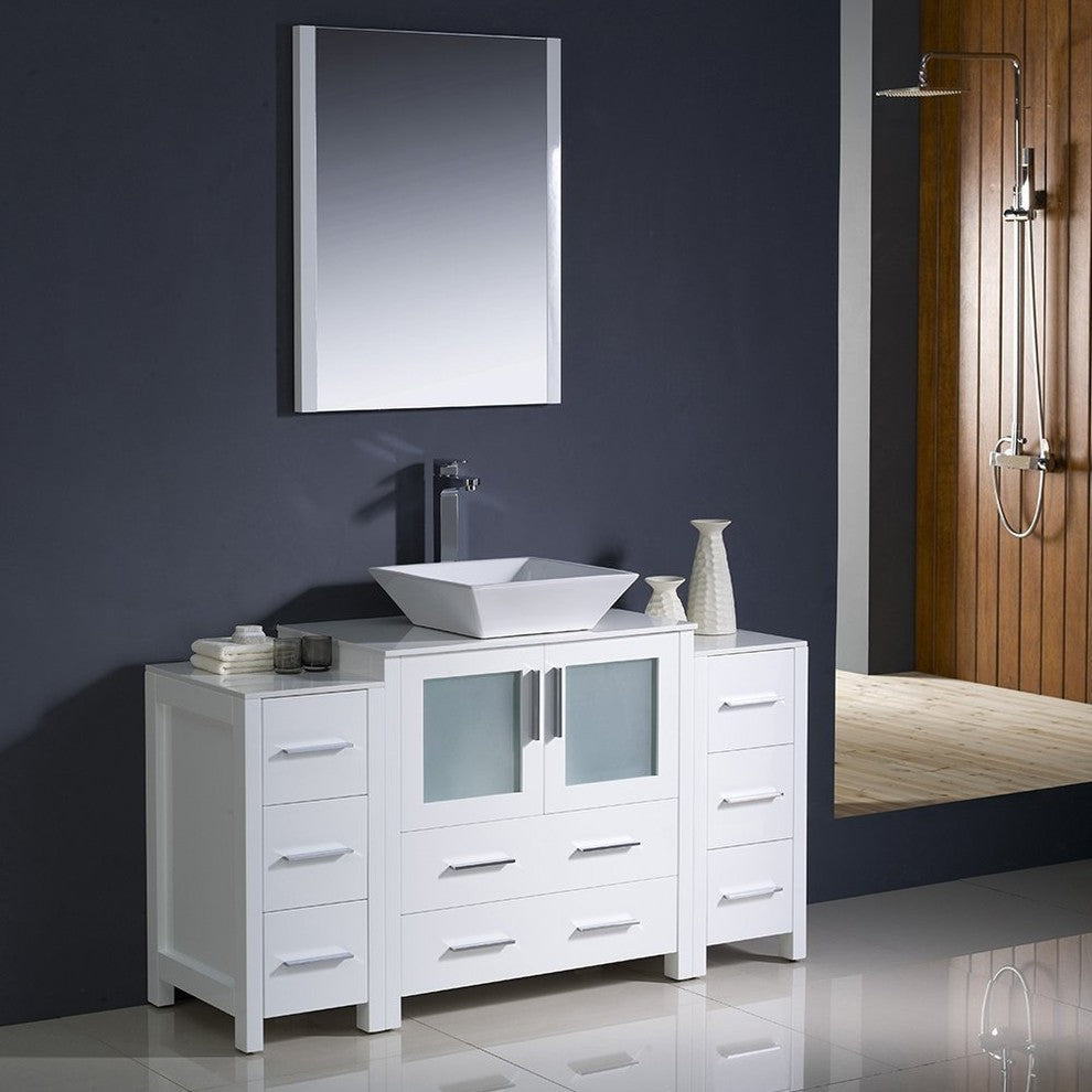 Torino 54" White Modern Bathroom Vanity With 2 Side Cabinets, FFT3112CH