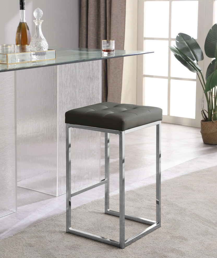 Nicola Counter Stool, Set of 2, Gray, Vegan Leather, Chrome Base