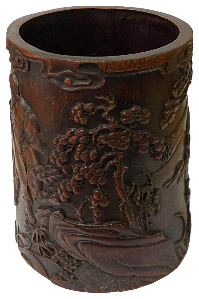 Chinese Bamboo Relief Scholars Motif Carving Brush Pen Holder Art ws2139S