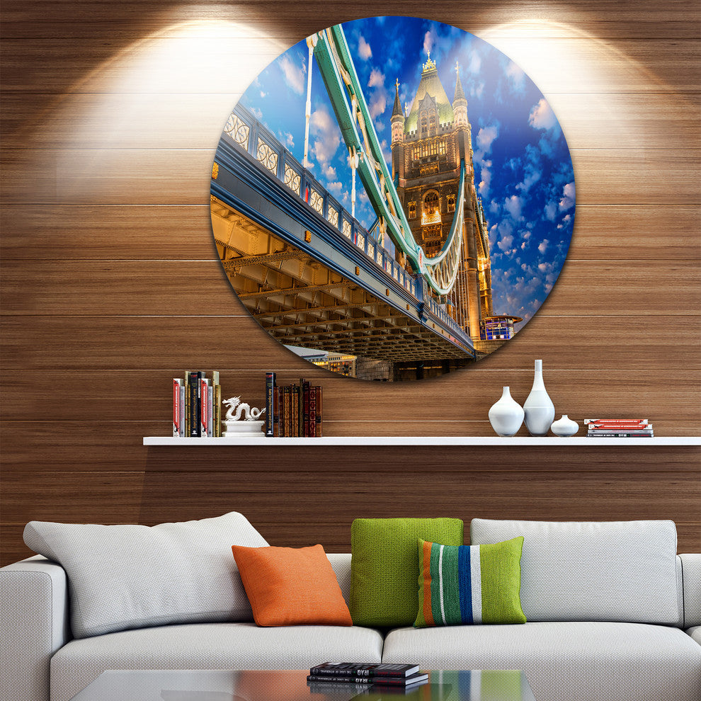 Lights On Tower Bridge, Cityscape Photography Disc Metal Wall Art, 36"
