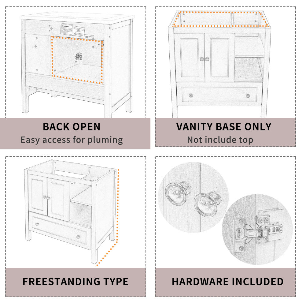 Infographic collage detailing storage and assembly features.