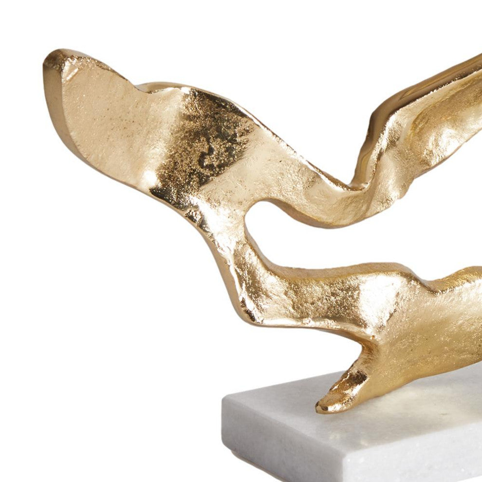 Wide Abstract Driftwood Shape Sculpture Coastal Modern White Marble Gold Metal