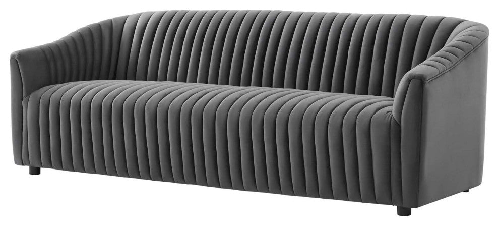 Tufted Sofa, Charcoal Gray, Velvet, Modern, Mid Century Hotel Lounge Cafe