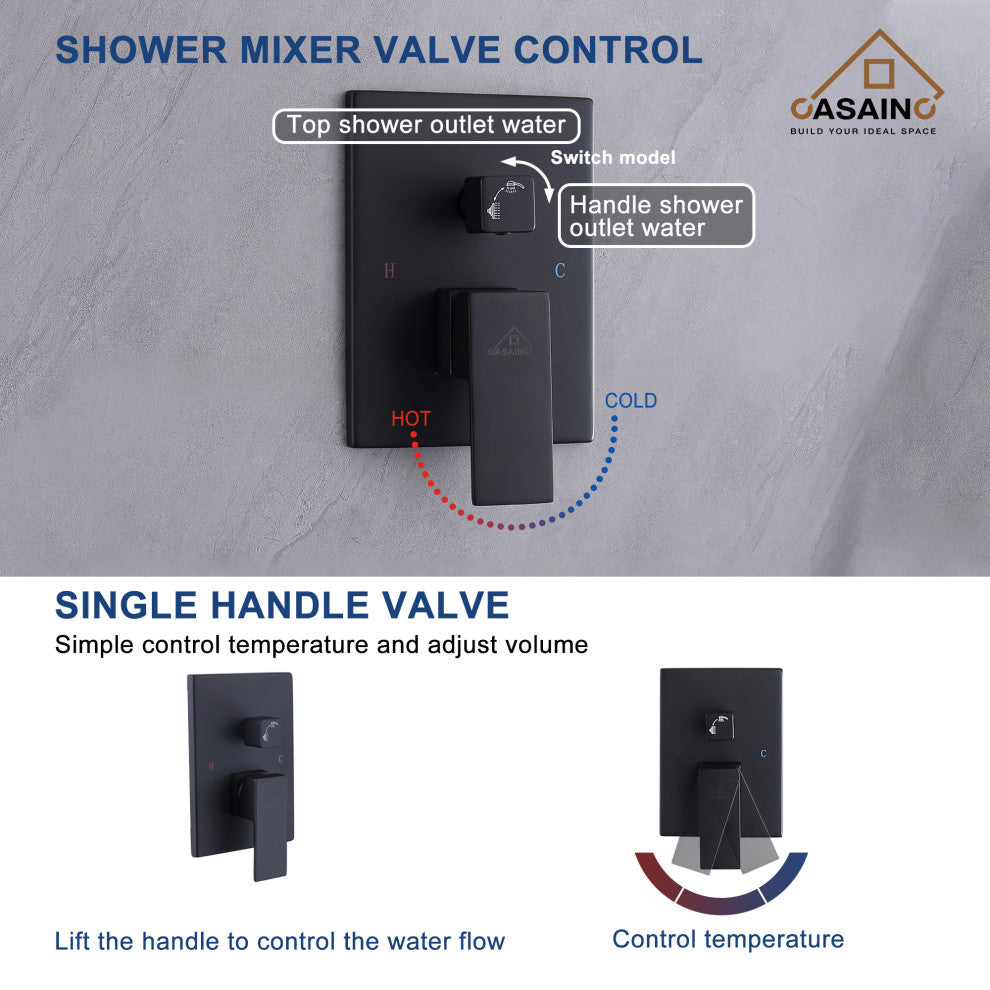 CASAINC 12" Ceiling Mounted Modern Waterfall Shower System Set, Matte Black