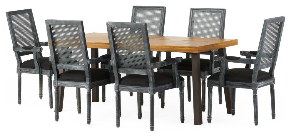 Marten Farmhouse Fabric Upholstered Wood and Cane 7 Piece Dining Set, Black + Gray + Rustic Metal + Natural Stained