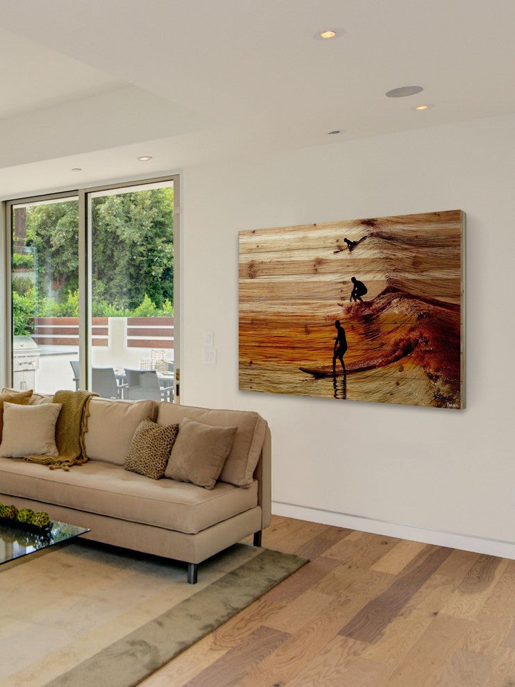 "Surfing the Wave" Print on Natural Pine Wood, 60"x40"