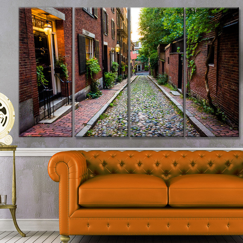 Acorn Street Massachusetts, Landscape Canvas Art Print, 48"x28", 4 Panels