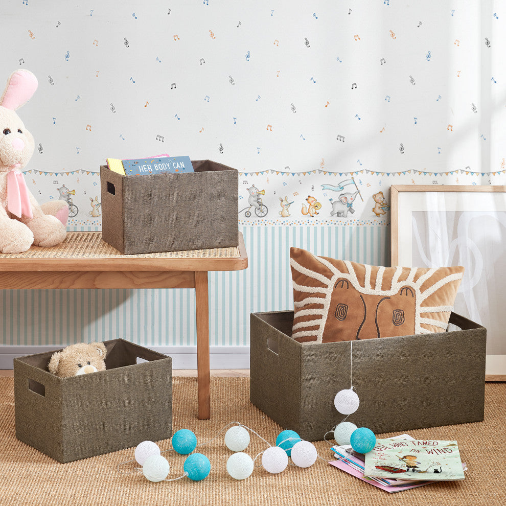 3-Piece Set Linen Look Covered Cardboard Rectangle Storage Bins, Taupe