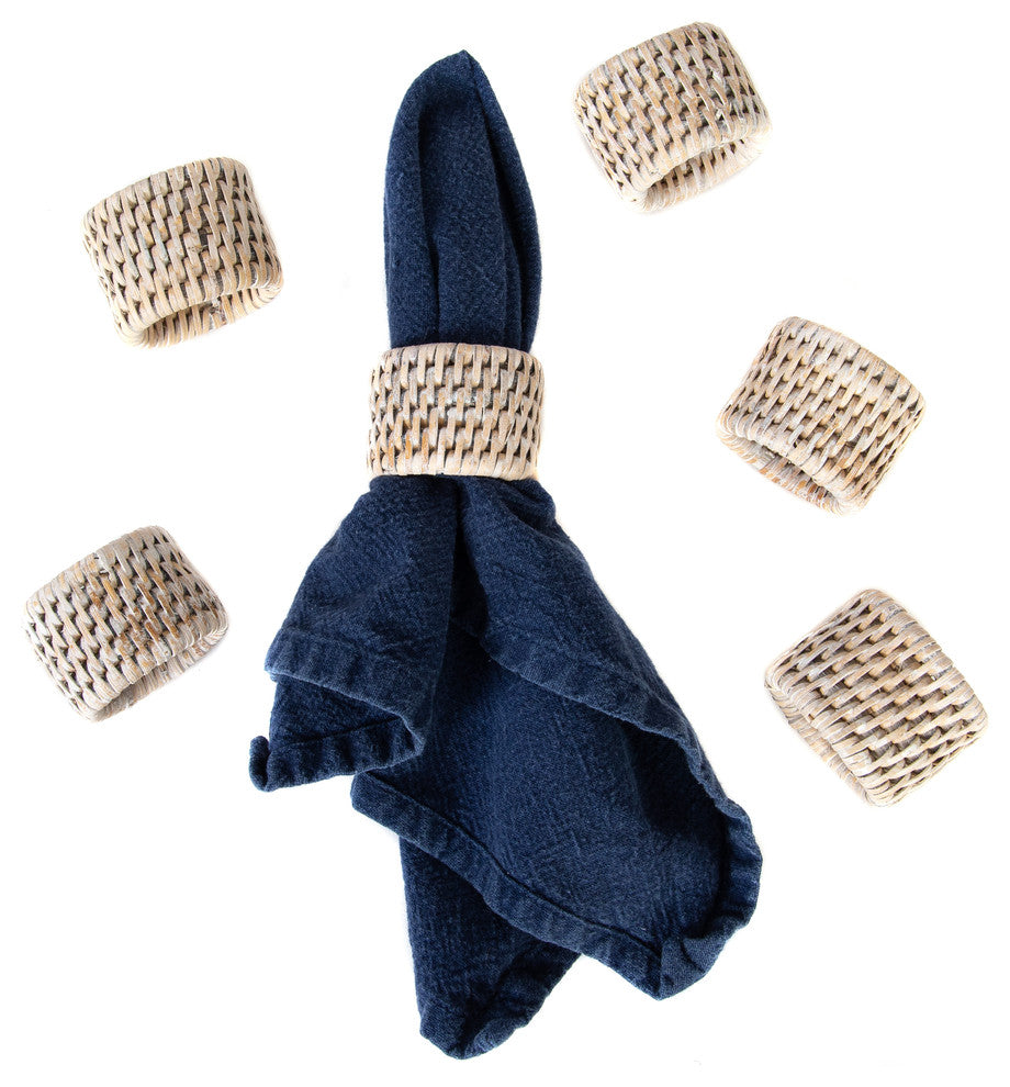 Artifacts Rattan Oval Napkin Rings 6 Piece Set, White Wash