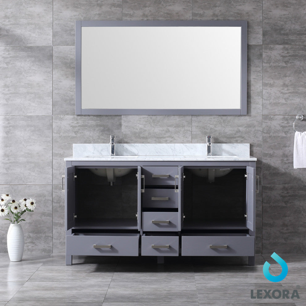 Jacques 60" Dark Gray Double Vanity Carrara Marble Top Sinks, 58" Wall Mirror
