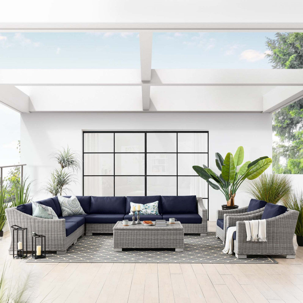 Outdoor Patio Wicker Rattan 9-Piece Sectional Sofa Furniture Set Light Navy