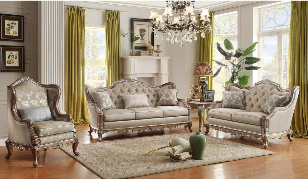 Fayanna Baroque Love Seat, Fabric Twilight Taupe with Wood Trim