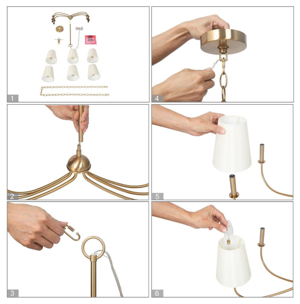 LNC 6-Lights Modern Polished White Candle Fabric Gold Chandelier