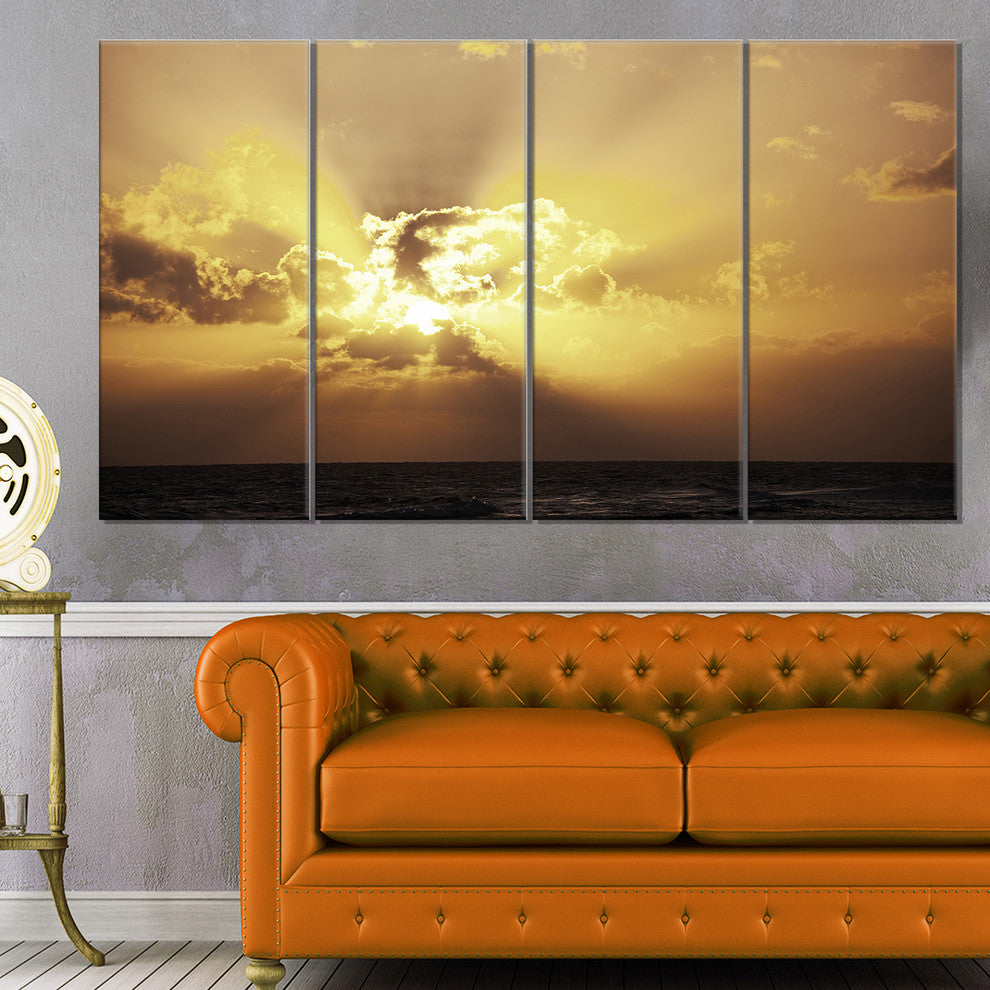 Majestic Sea Sunset Through Clouds, Landscape Canvas Wall Art, 48"x28", 4 Panels