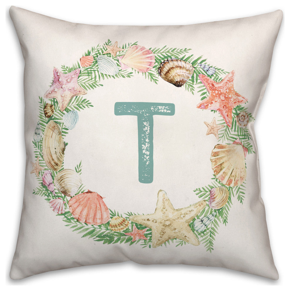 Coastal Christmas Monogram T 18x18 Spun Poly Pillow