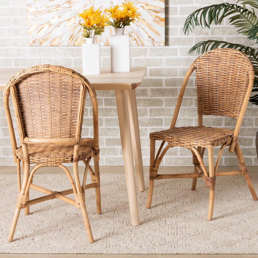 Neola Modern Bohemian Natural Rattan 2-Piece Dining Chair Set