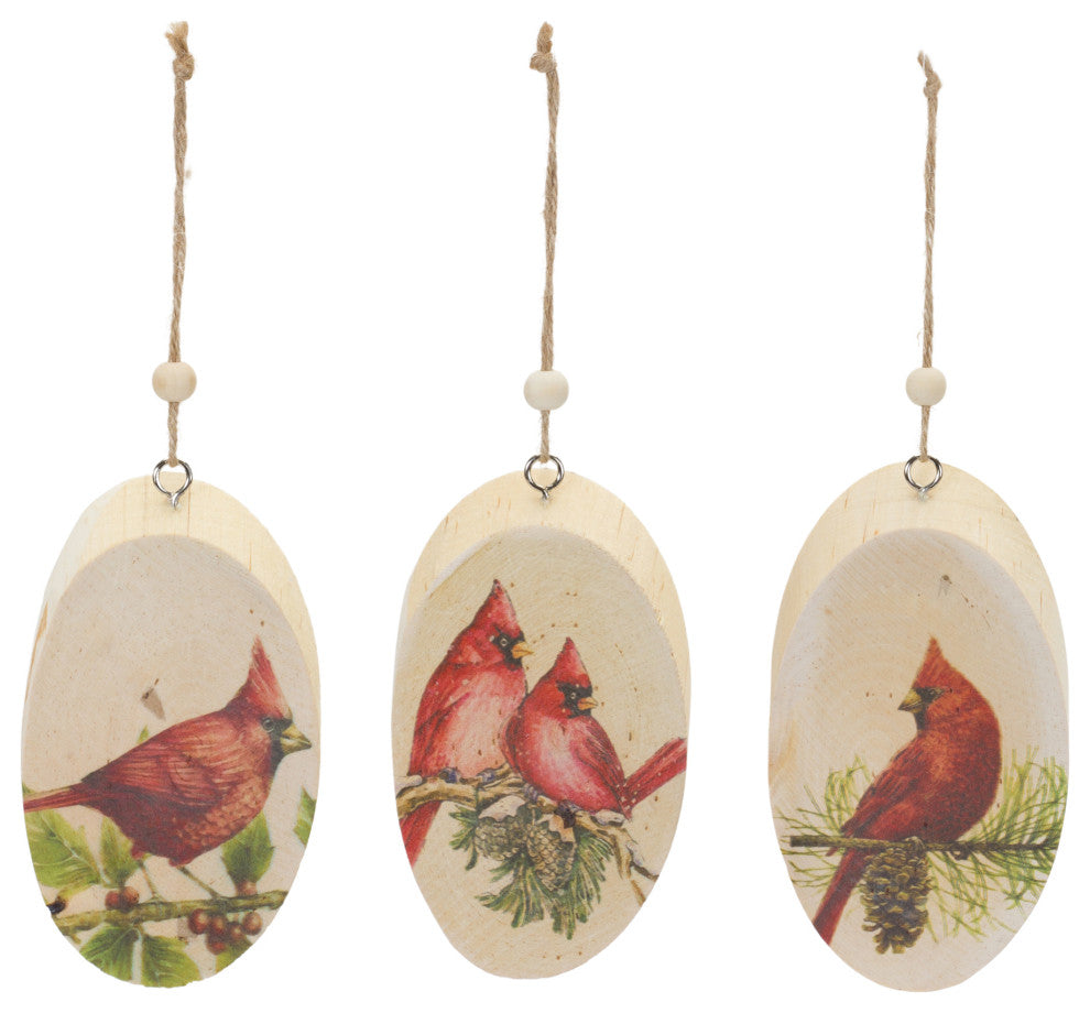 Wood Cardinal Bird Tree Disc Ornament, Set of 24