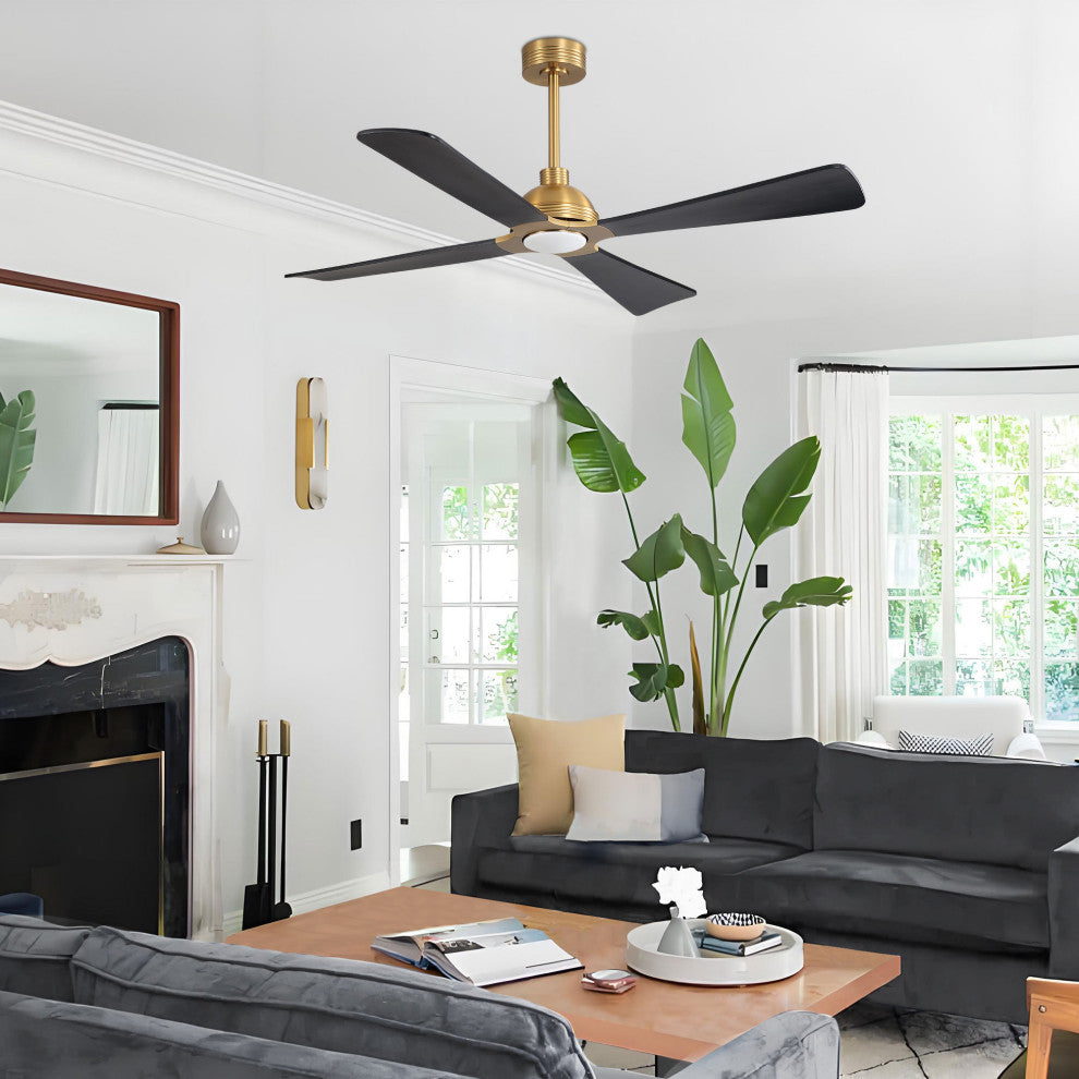 56" 4-Blade Solid Wood Ceiling Fan With LED Light and Remote Control, Gold/Black