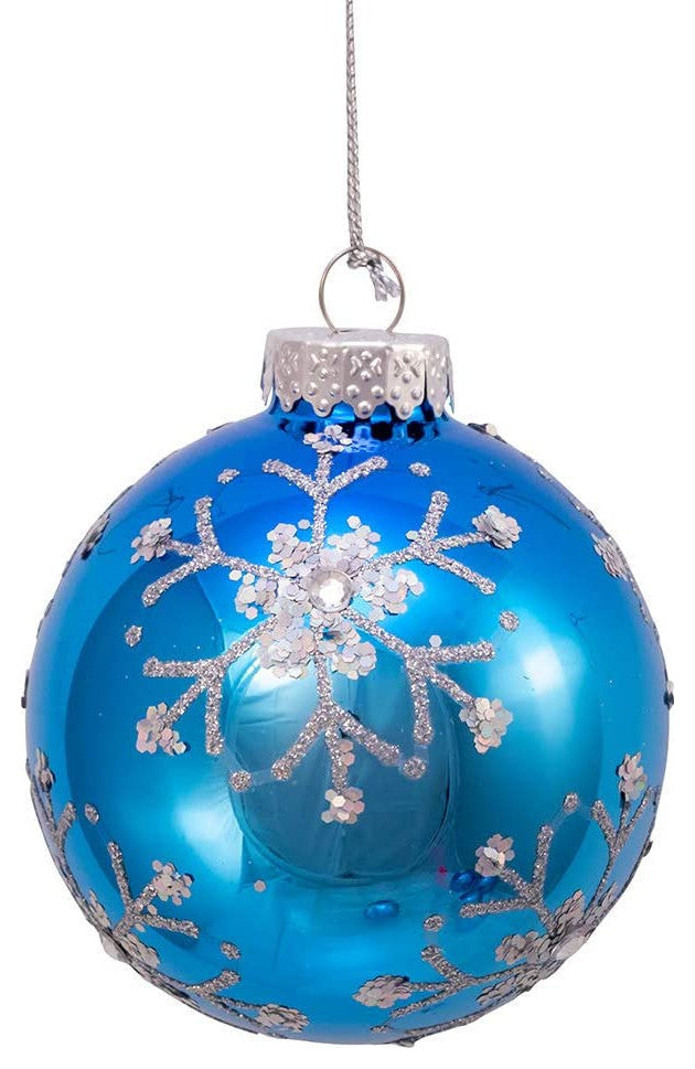 Kurt Adler 80MM Blue and Silver Glitter Snowflake Glass Ball Ornaments, 6 Pc Box