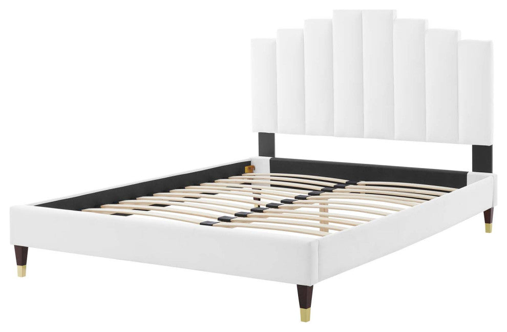 Platform Bed Frame, King Size, Velvet, White, Modern Contemporary, Bedroom