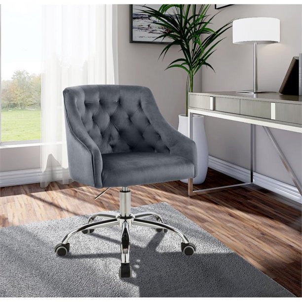 Elegant Office Chair, Velvet Seat & Buttonless Tufted Round Back, Gray/Chrome