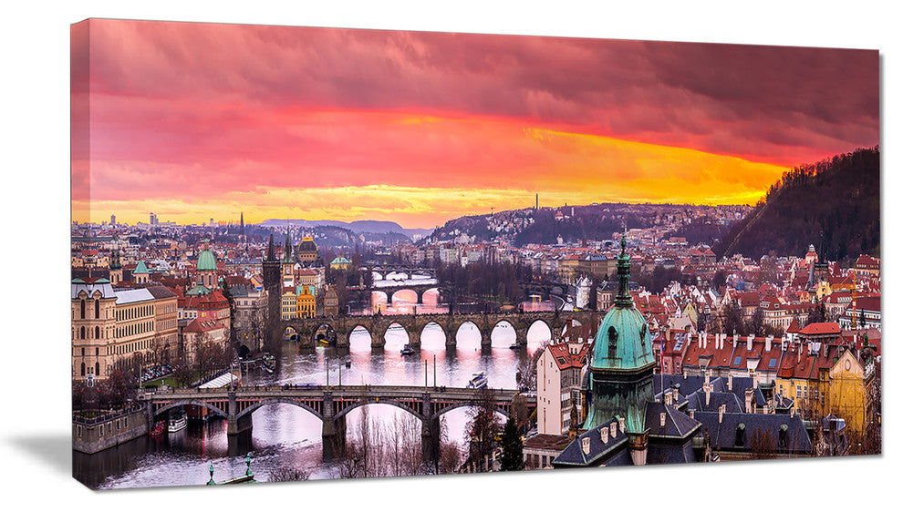 Bridges in Prague Panorama, Landscape Canvas Art Print, 32"x16"