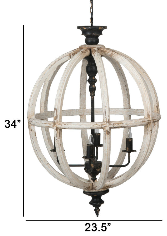 Benzara BM285024 4 Light Chandelier, Round Fir Wood Frame, Iron, White Black