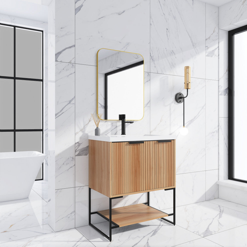 Plywood Freestanding Bathroom Vanity Set with White Ceramic Sink , Maple, 30