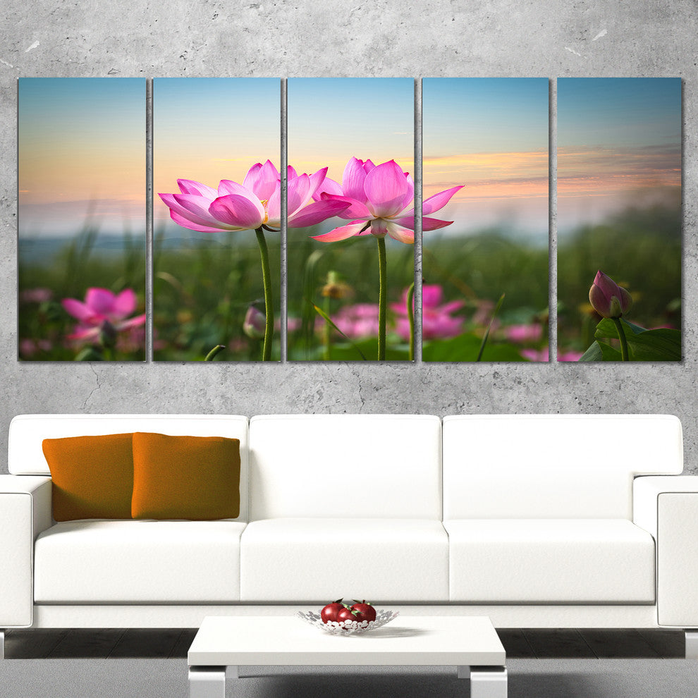 "Blooming Lotus Flowers at Sunset" Floral Canvas Photo Print, 5 Panels, 60"x28"