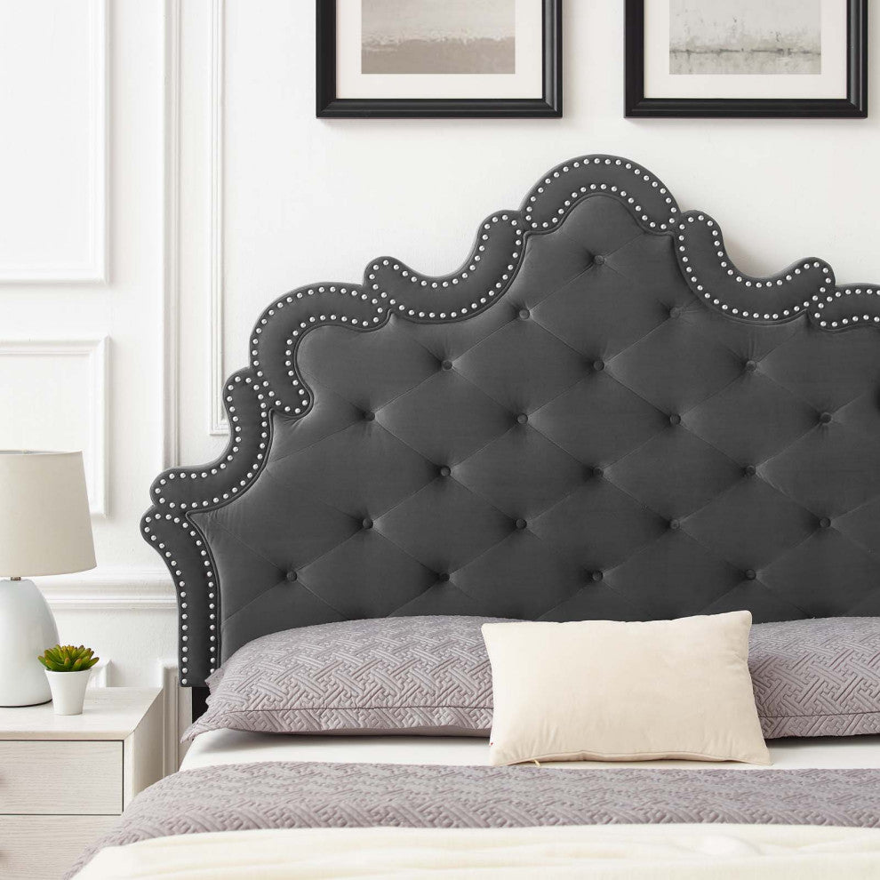 Tufted Headboard, Nailhead, Twin, Charcoal Gray, Velvet, Modern